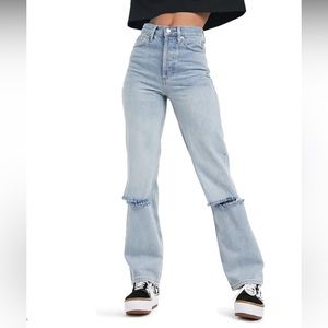 TOPSHOP Boot Cut High Rise Light Wash Ripped Knees Jeans